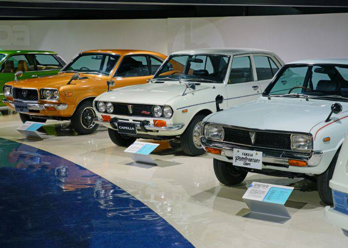A lineup of Mazda cars at the Mazda Museum in Hiroshima.